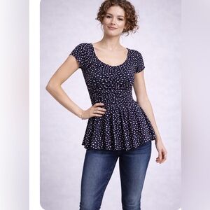 Anthropologie Postmark Women Ruched Peplum Polka Dot Top Navy White